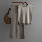 Women Sleeveless Striped Sweater Top Two Piece High Waist Straight Wide Leg Pants