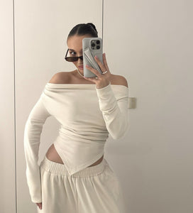 Fall off Neck Asymmetric Hem Long T shirt Straight Leg Trousers Casual Two Piece Sets