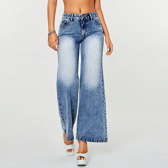 Women Clothing High Waist Casual Straight Leg Denim Trousers