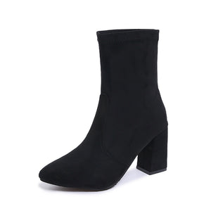 Boots Short Tube Women Elastic Fabric Mid Heel Chunky Heel Pointed Toe Ankle Boots