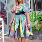 Elegant Women Lace Up Printed African Midi Dress Dress