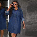 Plus Size Women Loose Denim Long Sleeve Casual Dress
