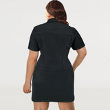 Plus Size Women Rollneck Short Sleeve Shirt Button Short Denim Dress