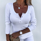 Autumn Winter Women Solid Color Long Sleeve Slim Fit Pullover Button T-shirt Top Plus Size
