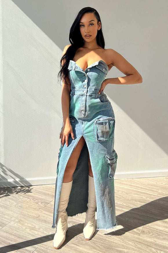 3D Pocket Sexy Bandeau One Shoulder Tie Dye Split Tooling Bag Dress