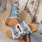 Blue Denim Double Buckle Women Slippers Tassle Comfortable Women Sandals