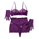 French Purple Lace Push up with Gloves Body Shaping Sexy Underwear Short Skirt Split Set