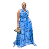 Plus Size Sexy Slim Fit Polka Dot Printed Lace Up Waist Controlled Pleated Mop Dress