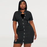 Plus Size Women Rollneck Short Sleeve Shirt Button Short Denim Dress