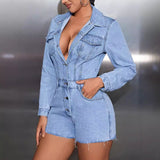 Women Clothing Collared Pocket Slim Fit Slimming Long Sleeves Overall Jeans Rompers