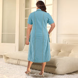 Plus Size Women Clothing Denim Collared Short Sleeve Button Bag Dress