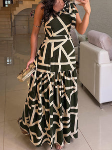 Women Shoulder Print Holiday Casual Wooden Ear A line Dress