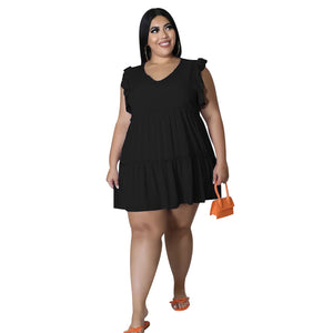 plus Size Summer Women Clothes Solid Color Casual V neck Sleeveless Ruffled Pleated Short Dress