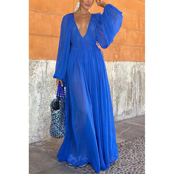 Spring Autumn Party Chiffon Dress Loose Vacation Women Long Sleeve Dress