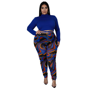 Plus Size Autumn Winter Irregular Asymmetric Characteristic Striped Printing Rope Slim Ladies Suit