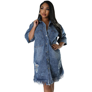 Plus Size Women Clothing Denim Ripped Tassel Short Sleeve Collared Dress