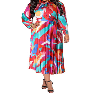 Plus Size Fall Women Clothing Pleated Collar Long Sleeve Dress