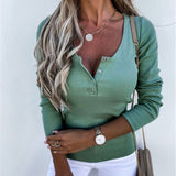Autumn Winter Women Solid Color Long Sleeve Slim Fit Pullover Button T-shirt Top Plus Size