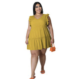 plus Size Summer Women Clothes Solid Color Casual V neck Sleeveless Ruffled Pleated Short Dress