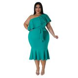 Plus Size Women Clothing Slim Casual Ruffled Tube Top Midi Dress