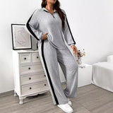 Plus Size Women Clothing Simple Comfortable Suit Autumn Winter Casual Loose Contrast Color Two Piece Set