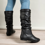 Pleated Faux Leather Surface Women Boots Side Ramen Casual Round Toe Flat Bottom Women Ankle Boots Solid Color Women Boots