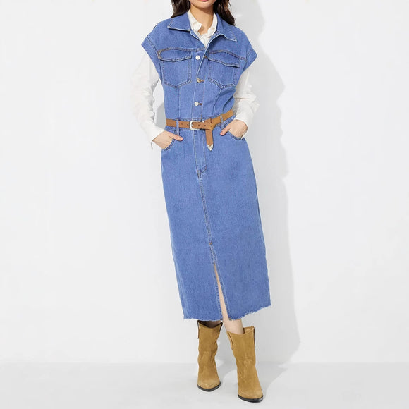 Women Clothing Polo Collar Single Breasted Denim Dress Without Belted