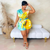 Women Wear Sexy Backless Diagonal Collar Printed Casual Jumpsuit