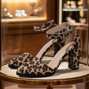 Sexy Leopard Print Pointed Toe Hollowed Pumps Women Arrival Buckle Closed Toe Roman Sandals