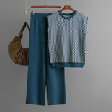 Women Sleeveless Striped Sweater Top Two Piece High Waist Straight Wide Leg Pants