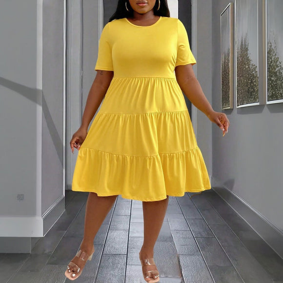 Plus Size Women Elegant Yellow Dress Spring Summer Loose Slimming Midi Dress