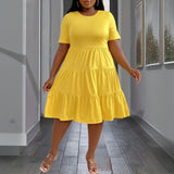 Plus Size Women Elegant Yellow Dress Spring Summer Loose Slimming Midi Dress