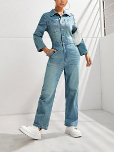 Women Casual Office Slim Fit One Piece Long Sleeves Jeans