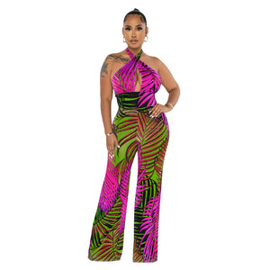 Women Clothing Sleeveless Sexy Backless Lace up Printed Jumpsuit