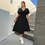 Plus Size Spring V Neck Slit Midi Dress Solid Color Slim Fit Office Short Sleeve Dress