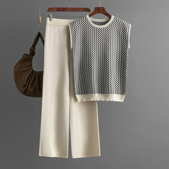 Women Sleeveless Striped Sweater Top Two Piece High Waist Straight Wide Leg Pants
