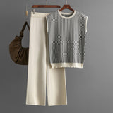 Women Sleeveless Striped Sweater Top Two Piece High Waist Straight Wide Leg Pants