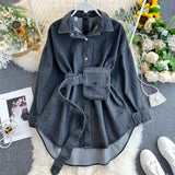 Women Clothing Design Lace up More than Fitted Waist Backless Wear Bag Denim Shirt Women