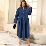 Plus Size Women Clothing Denim Stand Collar Button Long Sleeve Dress