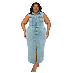 Plus Size Women Clothing Denim Sleeveless Split Collared Dress