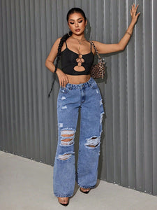Women Clothing Ripped Straight Hip Hop Loose Wide Leg Jeans