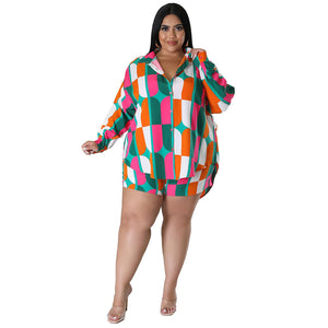 Plus Size Spring Printing Collared Tropical Shirt Shorts Casual Ladies