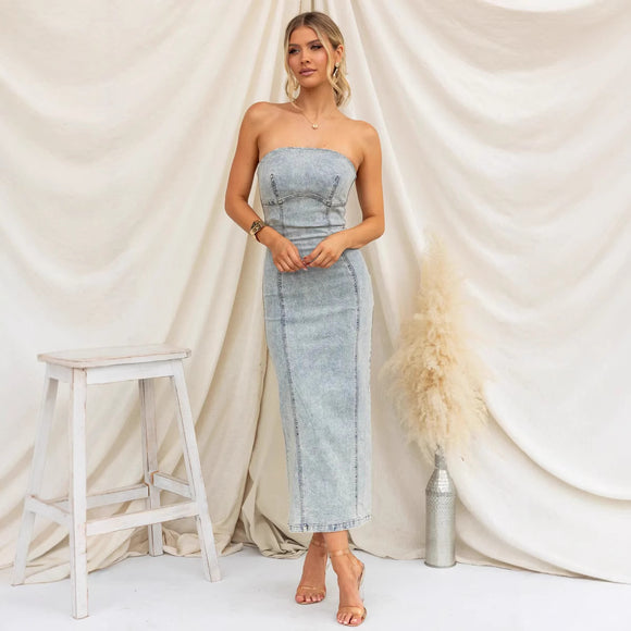Women Bandeau Sexy Girls Slim Fit Patchwork Denim Dress