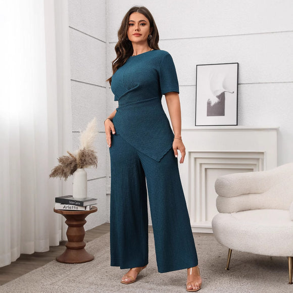 Women Clothing Casual Solid Color Short Sleeve Top Wide Leg Pants Two Piece Sets