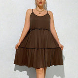 Plus Size Women Elegant U Neck Dress Summer High Waist Pullover Solid Color Midi Dress