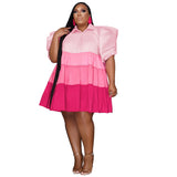 Plus Size Stitching Contrast Color Puff Sleeve Large Swing Women Clothing Dress