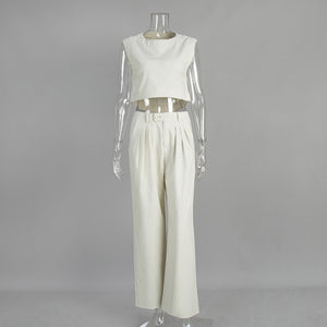 Linen Vest Pants Summer Sleeveless Vest Wide Leg Pants Casual Two Piece Sets