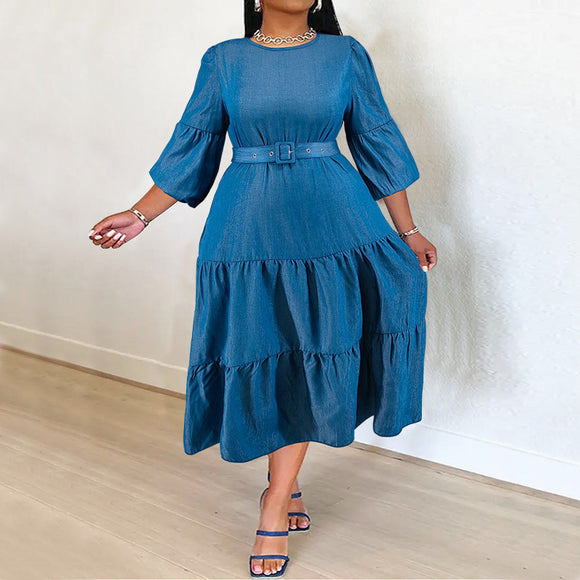 Plus Size Women Denim Dress Pleated with Belt Micro Reflective Color Changing