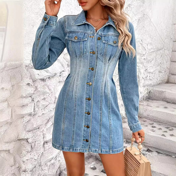 Retro Waist Controlled Slimming Long Sleeve Denim Dress