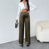Women Clothing Autumn Satin Casual Pants Loose Black Satin Wide Leg Pants